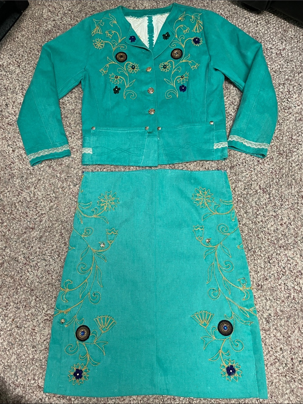Vintage 80s handmade denim Embroidered Jacket & Skirt Set